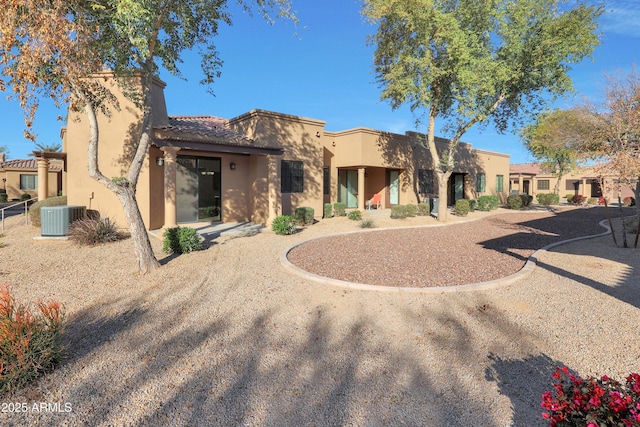 view of front of home featuring central air condition unit and stucco siding