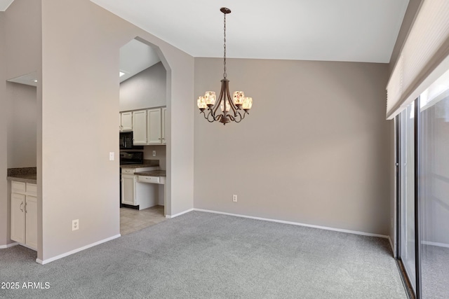 4790 E Navajo St, Phoenix, AZ 85044 - unfurnished dining area with light carpet, high vaulted ceiling, a chandelier, baseboards, and arched walkways