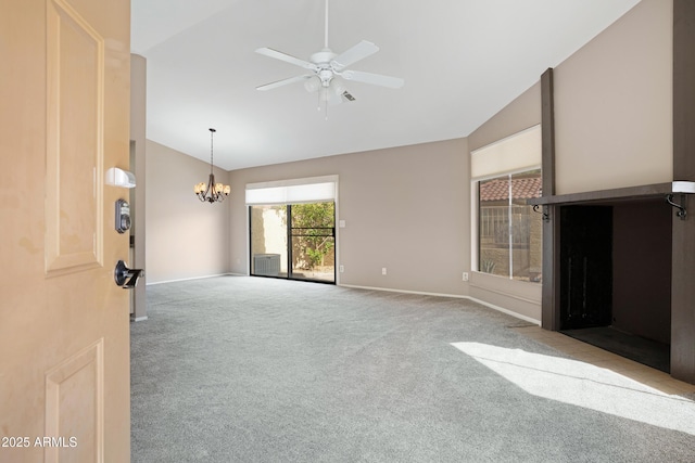 4790 E Navajo St, Phoenix, AZ 85044 - unfurnished living room with lofted ceiling, carpet floors, a ceiling fan, baseboards, and a chandelier