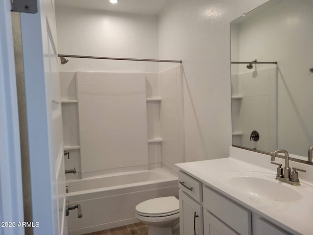 full bathroom featuring toilet, shower / bathtub combination, wood-type flooring, and vanity