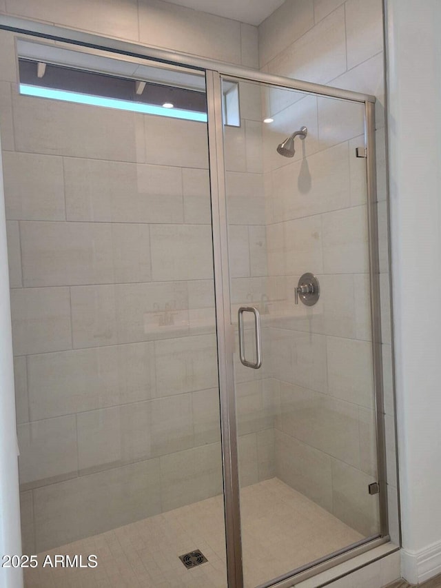 bathroom featuring a shower with shower door