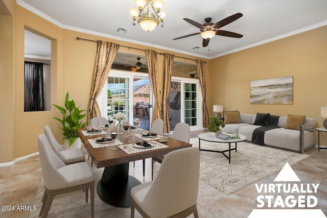 dining space with ceiling fan with notable chandelier and ornamental molding