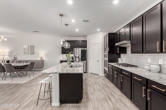 kitchen with visible vents, under cabinet range hood, appliances with stainless steel finishes, a sink, and backsplash