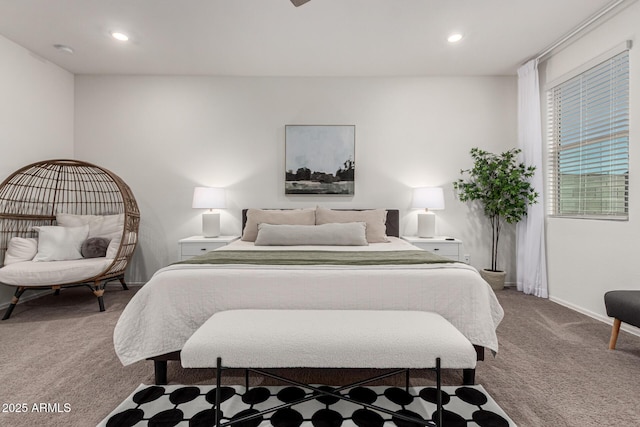 carpeted bedroom with recessed lighting and baseboards