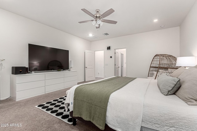 carpeted bedroom featuring recessed lighting, visible vents, and ceiling fan