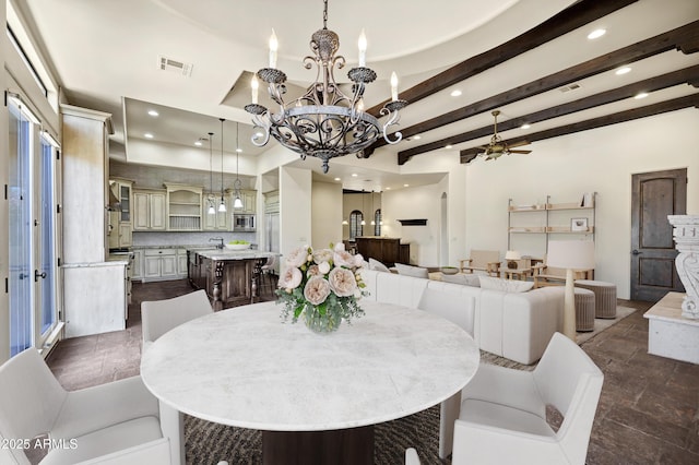 2300 E Sanoque Ct, Gilbert, AZ 85298 - dining space featuring recessed lighting, a chandelier, beamed ceiling, and ceiling fan