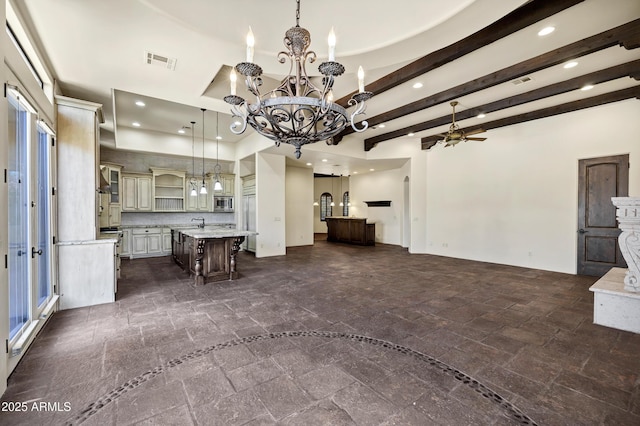 2300 E Sanoque Ct, Gilbert, AZ 85298 - living area with a chandelier, recessed lighting, stone tile flooring, ceiling fan, and beam ceiling