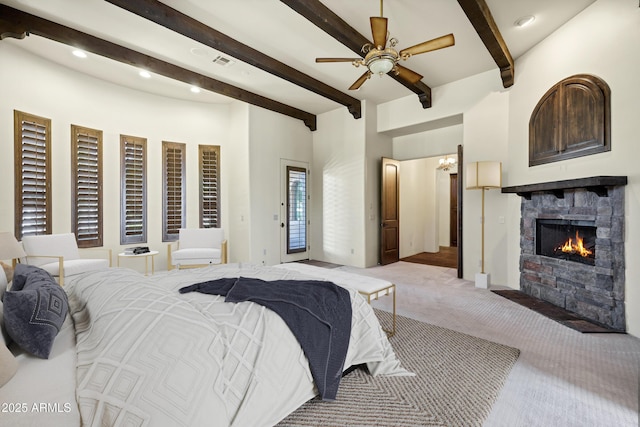 2300 E Sanoque Ct, Gilbert, AZ 85298 - bedroom featuring carpet flooring, beamed ceiling, a fireplace, recessed lighting, and ceiling fan