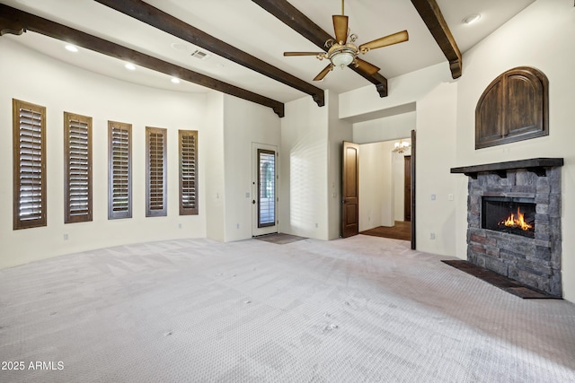 2300 E Sanoque Ct, Gilbert, AZ 85298 - unfurnished living room with carpet floors, a fireplace, beamed ceiling, ceiling fan, and recessed lighting