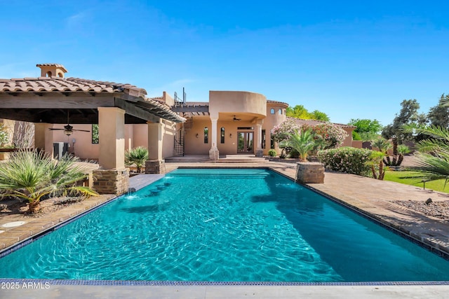 2300 E Sanoque Ct, Gilbert, AZ 85298 - swimming pool featuring ceiling fan, a patio, and french doors