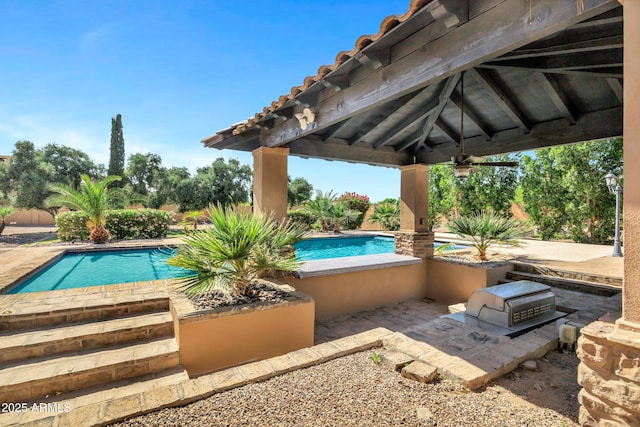 2300 E Sanoque Ct, Gilbert, AZ 85298 - swimming pool featuring a ceiling fan, a gazebo, a jacuzzi, and a patio area
