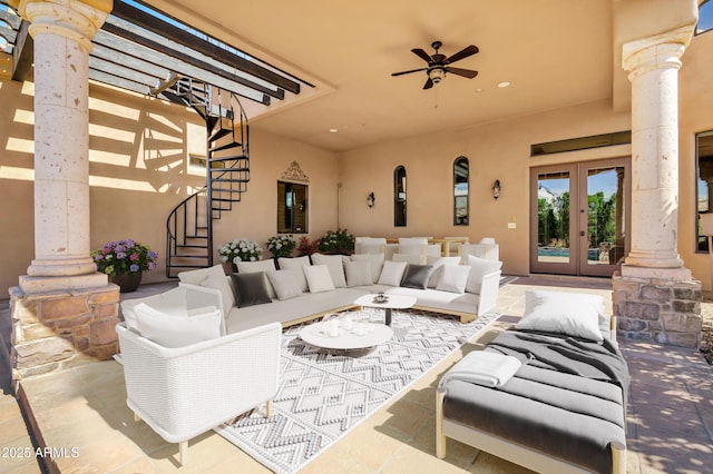 2300 E Sanoque Ct, Gilbert, AZ 85298 - living area featuring ornate columns, stairway, a ceiling fan, french doors, and recessed lighting