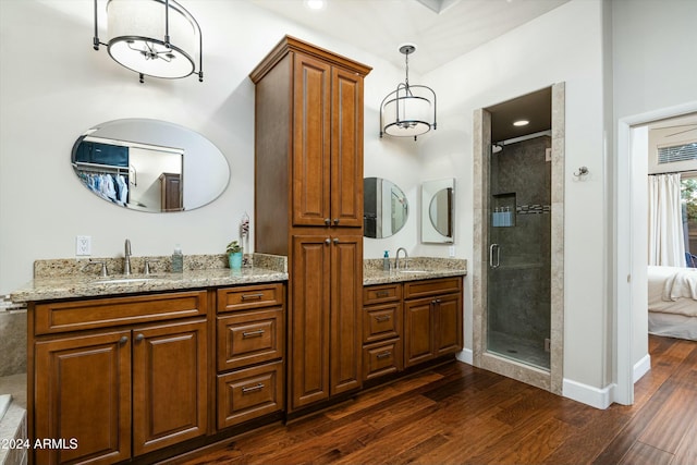 bathroom featuring a shower stall, connected bathroom, wood finished floors, and vanity