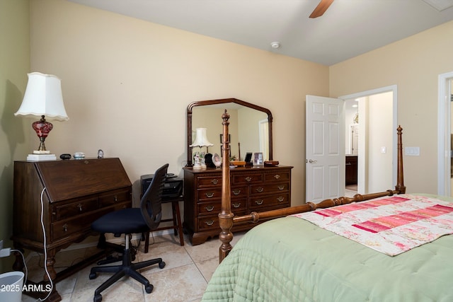bedroom featuring light tile patterned flooring and a ceiling fan