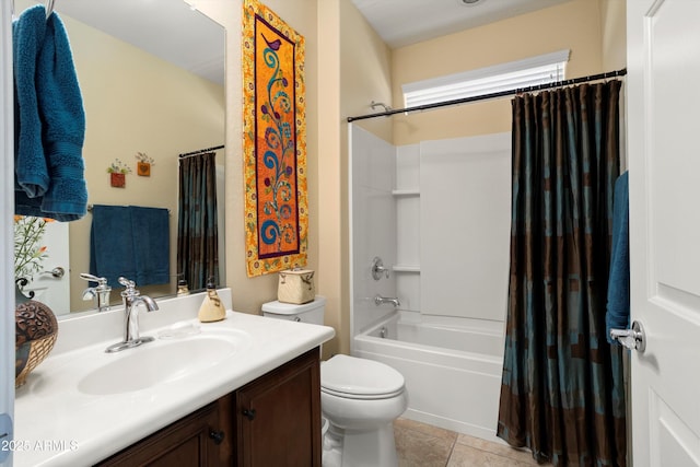 full bathroom with toilet, tile patterned floors, shower / bathtub combination with curtain, and vanity