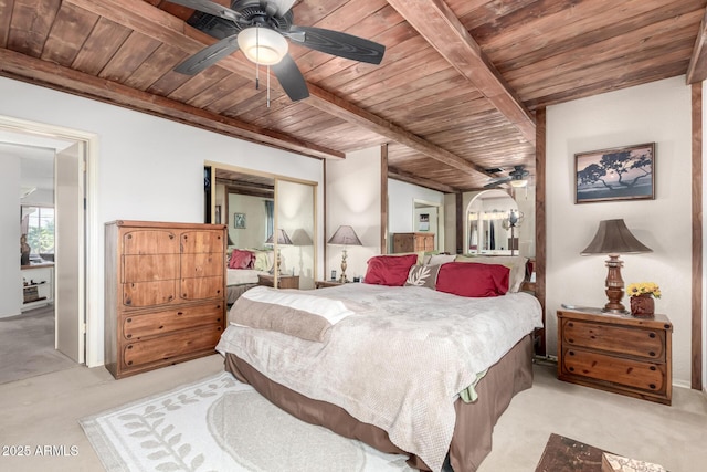 bedroom featuring ceiling fan, beamed ceiling, and wood ceiling