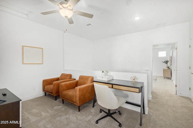office with light colored carpet, baseboards, a ceiling fan, and recessed lighting
