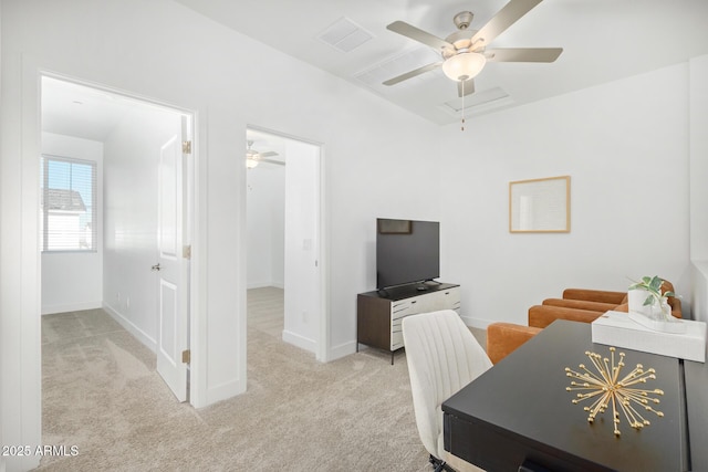 home office featuring ceiling fan, carpet flooring, and baseboards