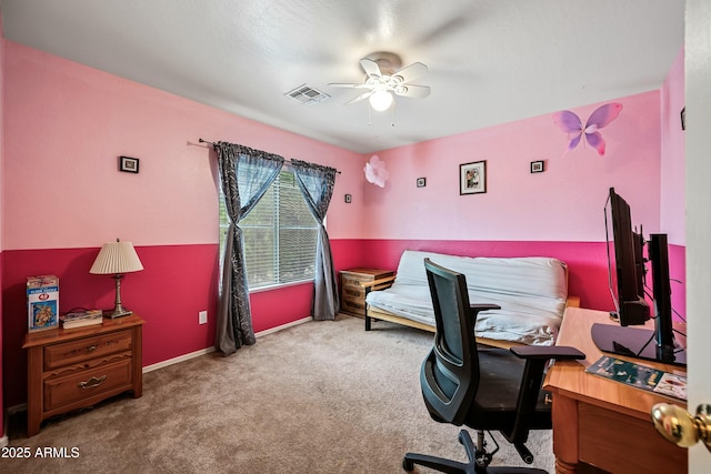 bedroom with ceiling fan and carpet floors