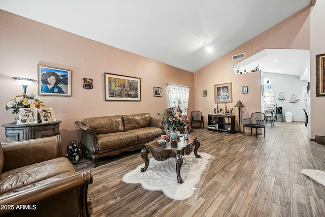 living room featuring lofted ceiling and wood-type flooring