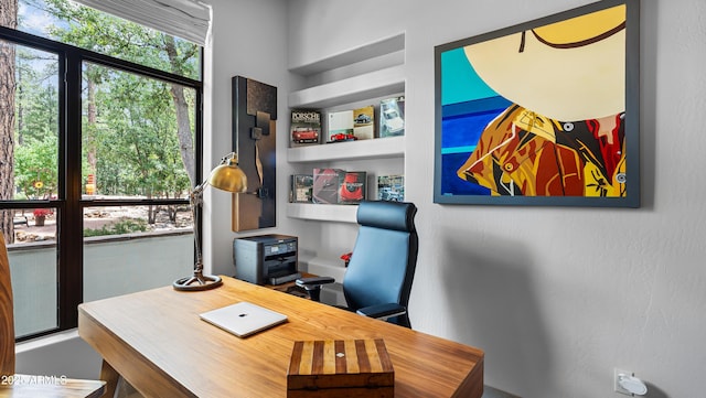 home office featuring built in shelves