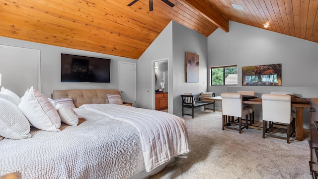 carpeted bedroom with visible vents, wood ceiling, lofted ceiling with beams, and connected bathroom