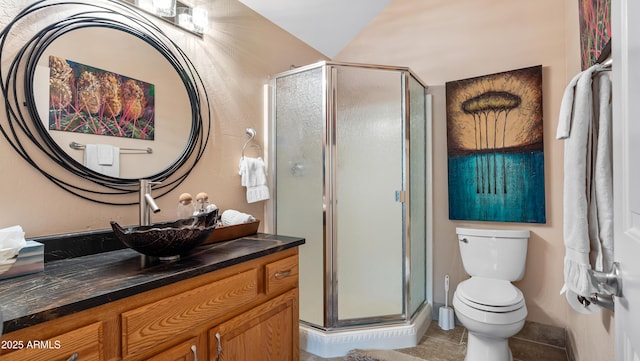 full bath featuring a shower stall, toilet, tile patterned flooring, and vanity