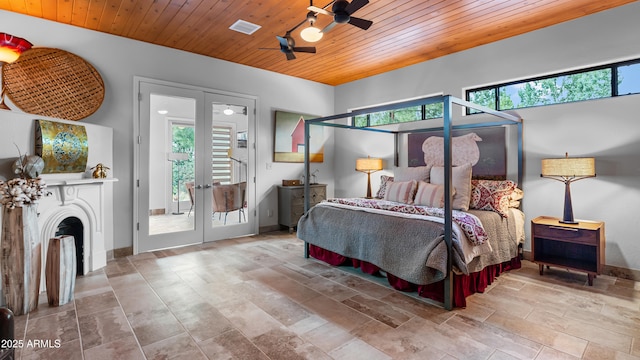 bedroom featuring visible vents, access to outside, wooden ceiling, and multiple windows