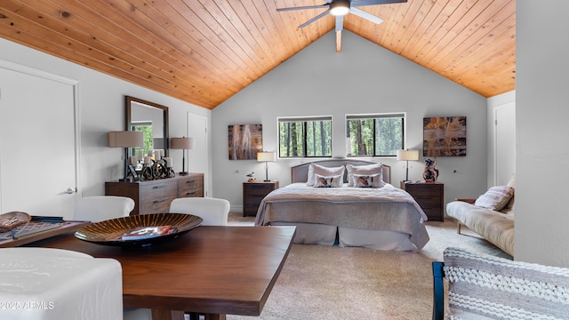 bedroom with wood ceiling, carpet floors, lofted ceiling, and multiple windows