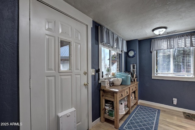 mudroom featuring a wealth of natural light, hardwood / wood-style floors, and a textured ceiling