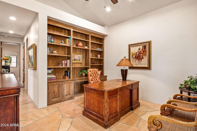 office space with ceiling fan and light tile floors