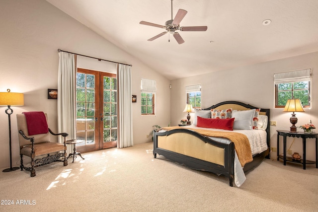 carpeted bedroom with lofted ceiling, ceiling fan, french doors, and access to outside