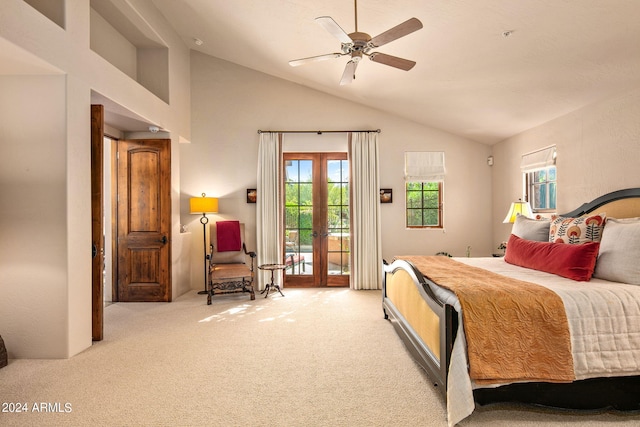 carpeted bedroom featuring lofted ceiling, multiple windows, and access to outside