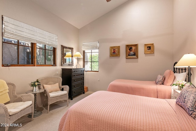 carpeted bedroom with high vaulted ceiling