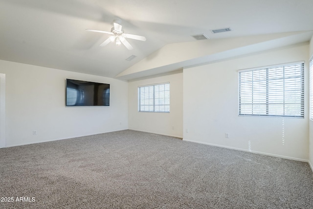 1031 W Longhorn Dr, Chandler, AZ 85286 - empty room featuring ceiling fan, carpet floors, lofted ceiling, and baseboards