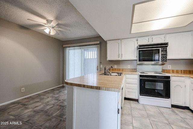 kitchen featuring light tile patterned flooring, sink, white cabinets, kitchen peninsula, and electric stove