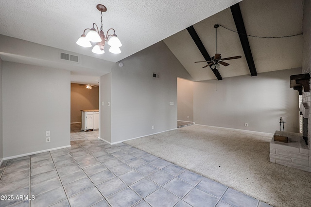 unfurnished living room featuring high vaulted ceiling, a textured ceiling, light carpet, ceiling fan with notable chandelier, and beamed ceiling