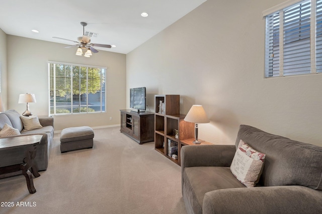 2472 E Prescott Pl, Chandler, AZ 85249 - living room featuring light colored carpet, a ceiling fan, baseboards, and recessed lighting
