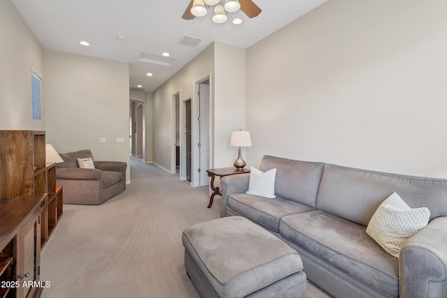 2472 E Prescott Pl, Chandler, AZ 85249 - living area featuring arched walkways, light carpet, a ceiling fan, and recessed lighting