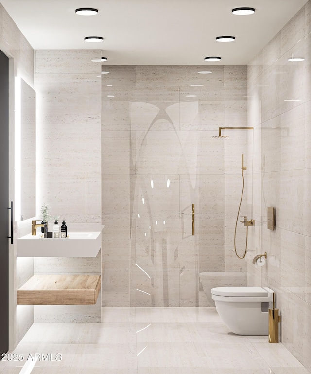 bathroom featuring a shower with door, tile walls, and toilet