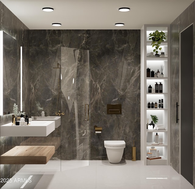 bathroom with tile walls, built in shelves, a shower with shower door, tile patterned floors, and toilet