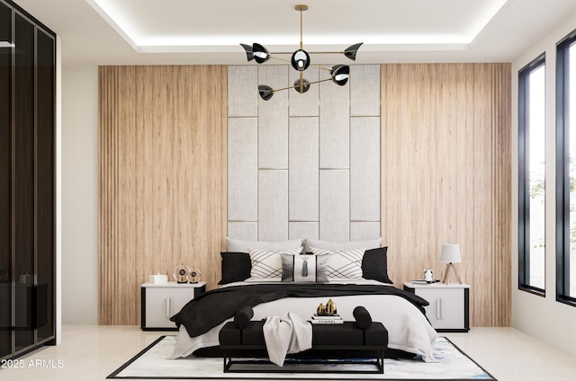 bedroom featuring wooden walls