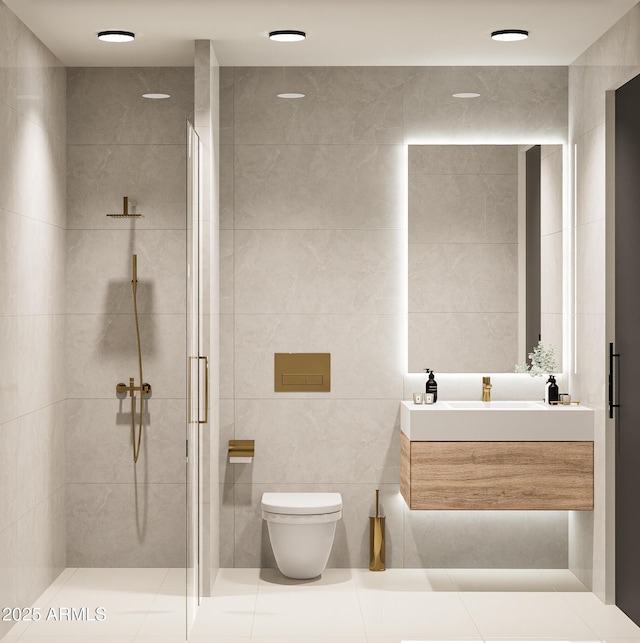 bathroom featuring tile walls, an enclosed shower, vanity, and toilet