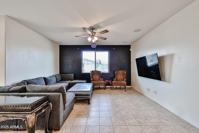 19946 W Glenrosa Ave, Litchfield Park, AZ 85340 - living area featuring light tile patterned flooring, ceiling fan, and baseboards