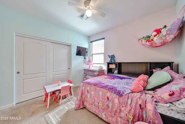 19946 W Glenrosa Ave, Litchfield Park, AZ 85340 - bedroom with carpet flooring, ceiling fan, baseboards, visible vents, and a closet