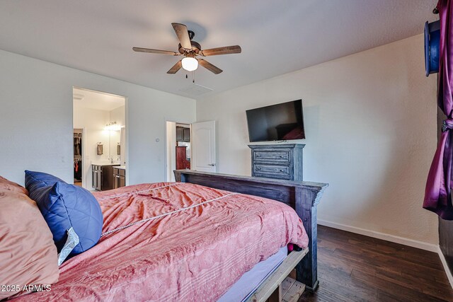 19946 W Glenrosa Ave, Litchfield Park, AZ 85340 - bedroom featuring baseboards, ceiling fan, ensuite bath, and wood finished floors