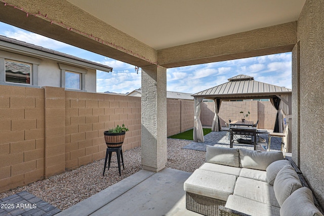 19946 W Glenrosa Ave, Litchfield Park, AZ 85340 - view of patio / terrace with a gazebo, a fenced backyard, outdoor lounge area, and outdoor dining area