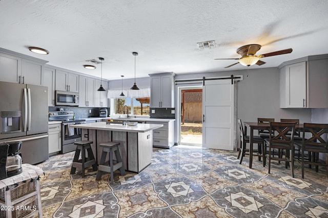 2921 N 103rd Ave, Avondale, AZ 85392 - kitchen featuring appliances with stainless steel finishes, ceiling fan, a barn door, gray cabinetry, and light countertops