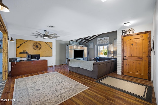 2921 N 103rd Ave, Avondale, AZ 85392 - living room featuring wood finished floors, ceiling fan, and vaulted ceiling