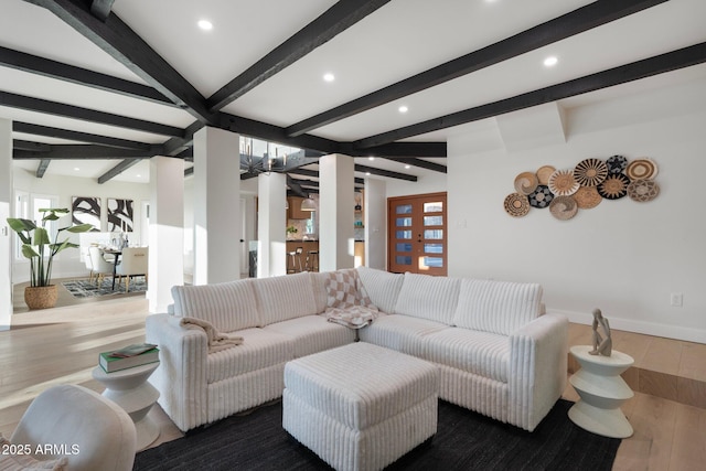 908 W Pershing Ave, Phoenix, AZ 85029 - living room featuring wood finished floors, beamed ceiling, and recessed lighting